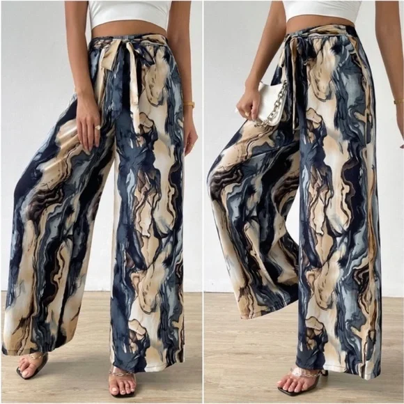 Boho Watercolor Abstract Print Wide Leg Palazzo Lounge Pants - Picture 3 of 7